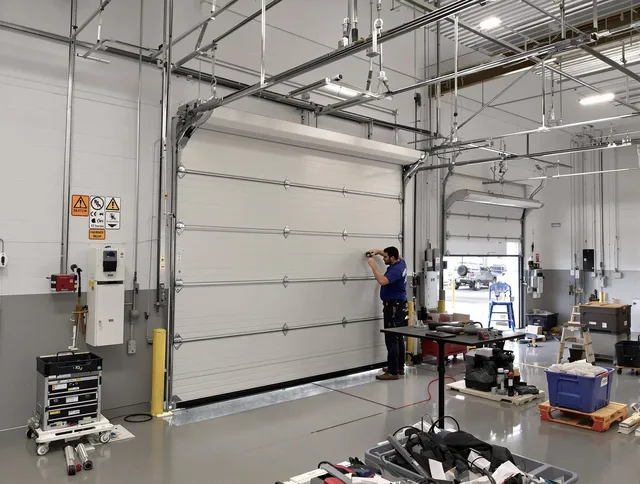 Commercial garage door repair being performed by Newport Beach Garage Door Repair expert in Newport Beach
