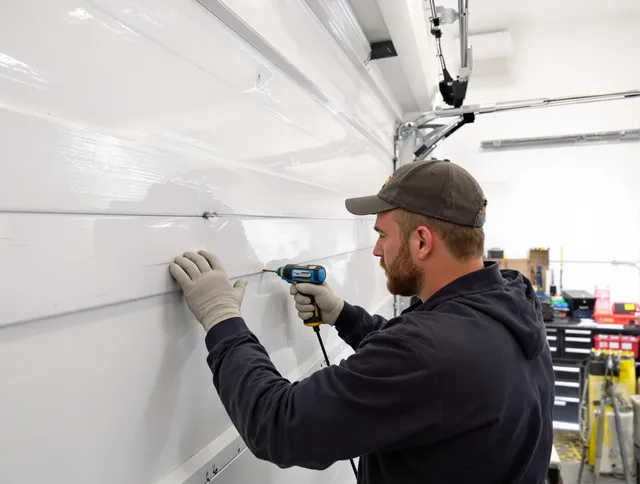 Newport Beach Garage Door Repair technician demonstrating precision dent removal techniques on a Newport Beach garage door