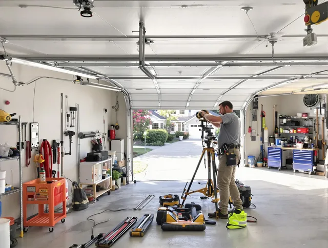 Newport Beach Garage Door Repair specialist performing laser-guided track alignment in Newport Beach